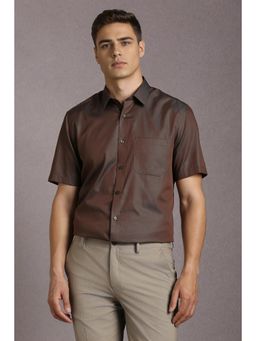 Louis Philippe - Men Cotton Textured Collar Neck Regular Fit Brown Shirt