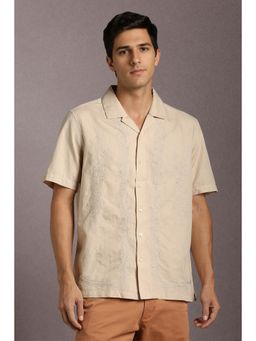 Louis Philippe - Men Cotton Blend Embroidered Notched Lapel Regular Fit Beige Shirt