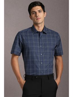 Louis Philippe - Men Cotton Checks Collar Neck Regular Fit Navy Blue Shirt