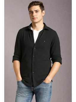 Louis Philippe - Men Polyester Blend Textured Collar Neck Slim Fit Black Shirt
