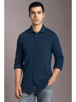 Louis Philippe - Men Polyester Blend Textured Collar Neck Slim Fit Navy Blue Shirt