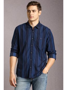 Louis Philippe - Men Cotton Stripes Collar Neck Slim Fit Navy Blue Shirt