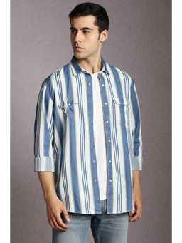 Louis Philippe - Men Cotton Stripes Collar Neck Slim Fit Blue Shirt