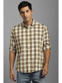 Louis Philippe - Men Cotton Checks Collar Neck Slim Fit Beige Shirt