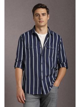 Louis Philippe - Men Cotton Stripes Collar Neck Slim Fit Navy Blue Shirt