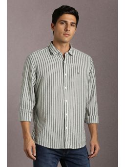 Louis Philippe - Men Cotton Stripes Collar Neck Slim Fit Green Shirt