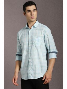 Louis Philippe - Men Cotton Checks Collar Neck Slim Fit Blue Shirt