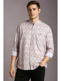 Louis Philippe - Men Cotton Blend Printed Mandarin Neck Slim Fit Beige Shirt