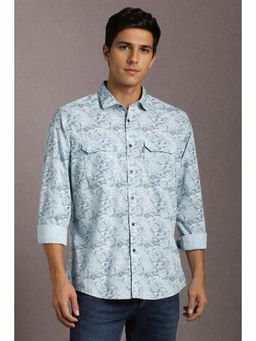 Louis Philippe - Men Cotton Printed Collar Neck Slim Fit Blue Shirt