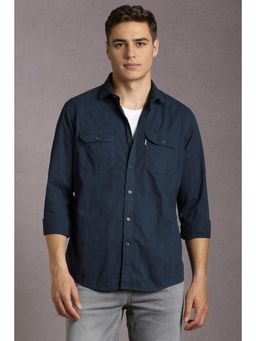 Louis Philippe - Men Cotton Textured Collar Neck Slim Fit Navy Blue Shirt