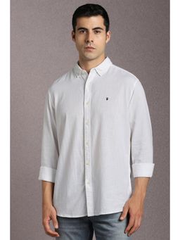 Louis Philippe - Men Cotton Textured Collar Neck Slim Fit White Shirt