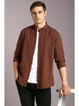 Louis Philippe - Men Cotton Textured Collar Neck Slim Fit Brown Shirt
