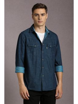 Louis Philippe - Men Cotton Solid Collar Neck Slim Fit Navy Blue Shirt