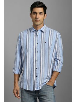 Louis Philippe - Men Cotton Stripes Collar Neck Slim Fit Blue Shirt