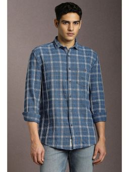 Louis Philippe - Men Cotton Checks Collar Neck Slim Fit Blue Shirt