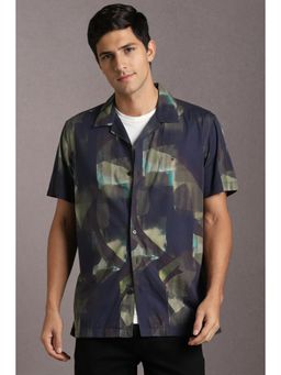 Louis Philippe - Men Cotton Blend Printed Collar Neck Slim Fit Navy Blue Shirt