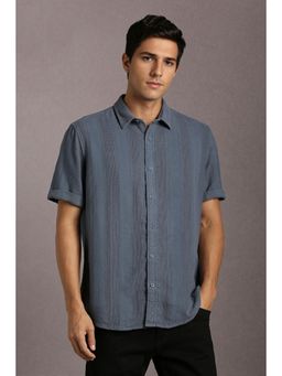 Louis Philippe - Men Cotton Textured Collar Neck Slim Fit Grey Shirt