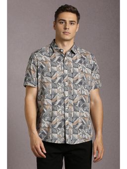 Louis Philippe - Men Cotton Blend Self Design Collar Neck Slim Fit Grey Shirt