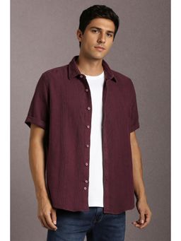 Louis Philippe - Men Cotton Textured Collar Neck Slim Fit Maroon Shirt