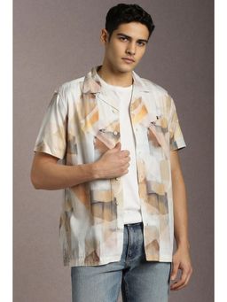 Louis Philippe - Men Cotton Blend Printed Collar Neck Slim Fit Beige Shirt
