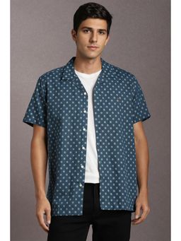 Louis Philippe - Men Cotton Blend Printed Collar Neck Slim Fit Blue Shirt