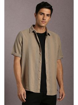 Louis Philippe - Men Cotton Textured Collar Neck Slim Fit Brown Shirt