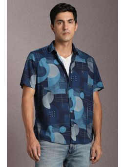 Louis Philippe - Men Cotton Blend Printed Collar Neck Slim Fit Navy Blue Shirt