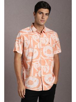 Louis Philippe - Men Cotton Blend Printed Collar Neck Slim Fit Peach Shirt