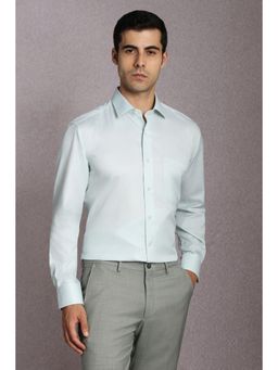 Louis Philippe - Men Cotton Blend Textured Collar Neck Regular Fit Green Shirt