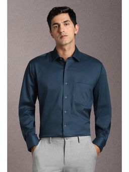 Louis Philippe - Men Cotton Blend Textured Collar Neck Regular Fit Navy Blue Shirt