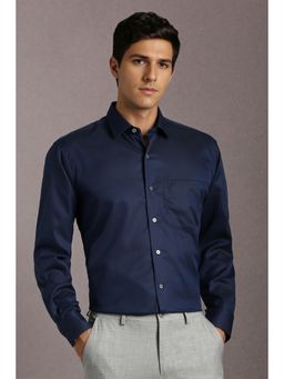 Louis Philippe - Men Cotton Solid Collar Neck Regular Fit Navy Blue Shirt