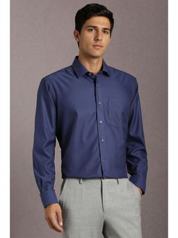 Louis Philippe - Men Cotton Textured Collar Neck Regular Fit Navy Blue Shirt