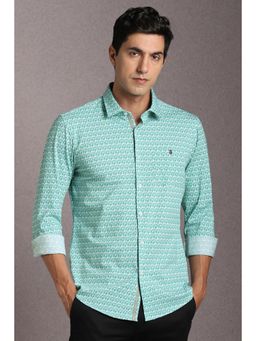 Louis Philippe - Men Cotton Blend Printed Collar Neck Regular Fit Green Shirt