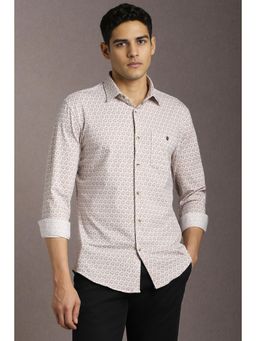 Louis Philippe - Men Cotton Blend Printed Collar Neck Regular Fit Beige Shirt