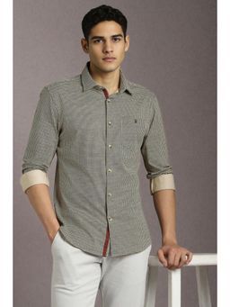 Louis Philippe - Men Cotton Blend Printed Collar Neck Regular Fit Beige Shirt