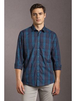 Louis Philippe - Men Cotton Checks Collar Neck Slim Fit Navy Blue Shirt