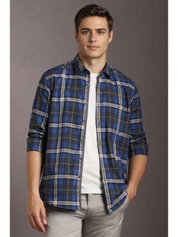 Louis Philippe - Men Cotton Checks Collar Neck Slim Fit Navy Blue Shirt