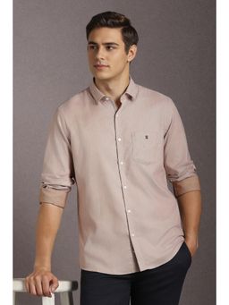 Louis Philippe - Men Cotton Textured Collar Neck Slim Fit Beige Shirt