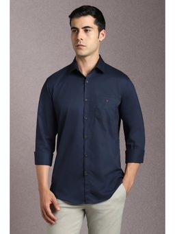 Louis Philippe - Men Cotton Solid Collar Neck Slim Fit Navy Blue Shirt