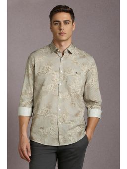 Louis Philippe - Men Cotton Floral Collar Neck Slim Fit Beige Shirt