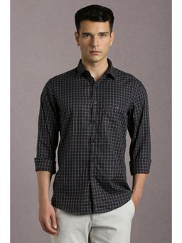 Louis Philippe - Men Cotton Checks Collar Neck Slim Fit Navy Blue Shirt