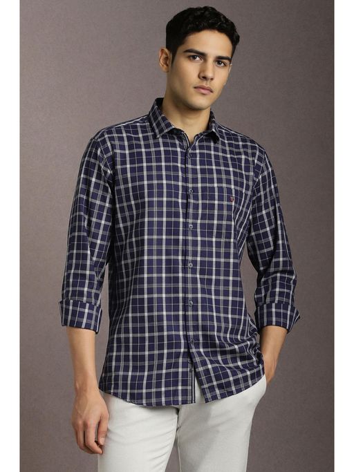 Louis Philippe Men Cotton Checks Collar Neck Slim Fit Navy Blue Shirt
