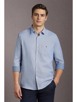 Louis Philippe - Men Cotton Textured Collar Neck Slim Fit Blue Shirt