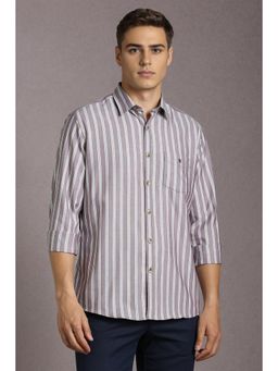 Louis Philippe - Men Cotton Stripes Collar Neck Slim Fit Grey Shirt