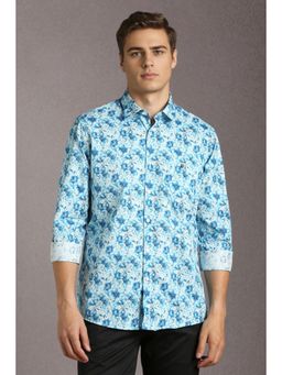 Louis Philippe - Men Cotton Floral Collar Neck Slim Fit Blue Shirt