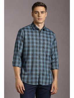Louis Philippe - Men Cotton Checks Collar Neck Slim Fit Blue Shirt