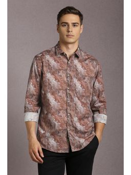 Louis Philippe - Men Cotton Blend Printed Collar Neck Slim Fit Brown Shirt