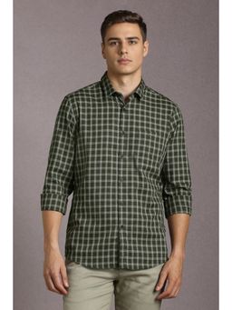Louis Philippe - Men Cotton Checks Collar Neck Slim Fit Green Shirt