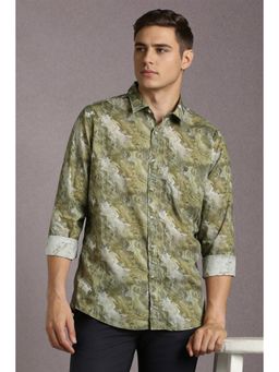 Louis Philippe - Men Cotton Blend Printed Collar Neck Slim Fit Olive Shirt