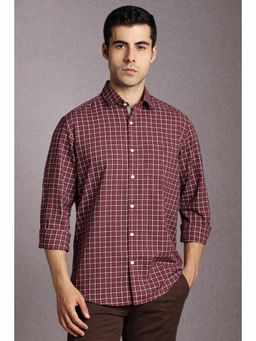 Louis Philippe - Men Cotton Checks Collar Neck Slim Fit Maroon Shirt